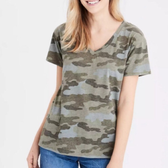 COPY - American Eagle Camo V Neck Distressed Tee - Picture 1 of 5